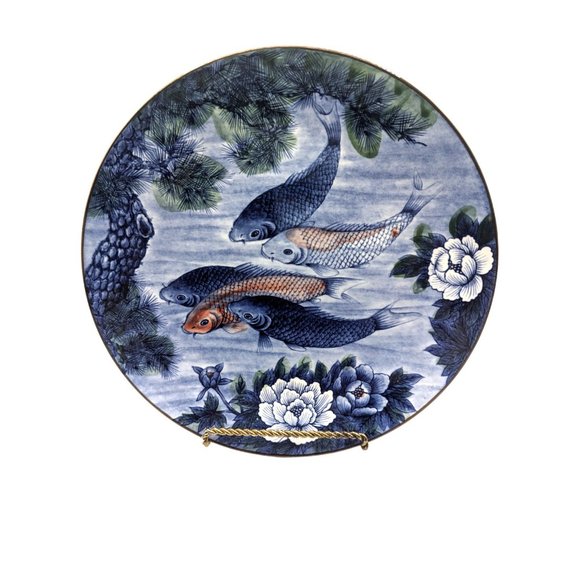 Vintage Japanese Sun Ceramics Blue White Koi Fish Porcelain Plate 12.5" Diameter - Picture 2 of 12